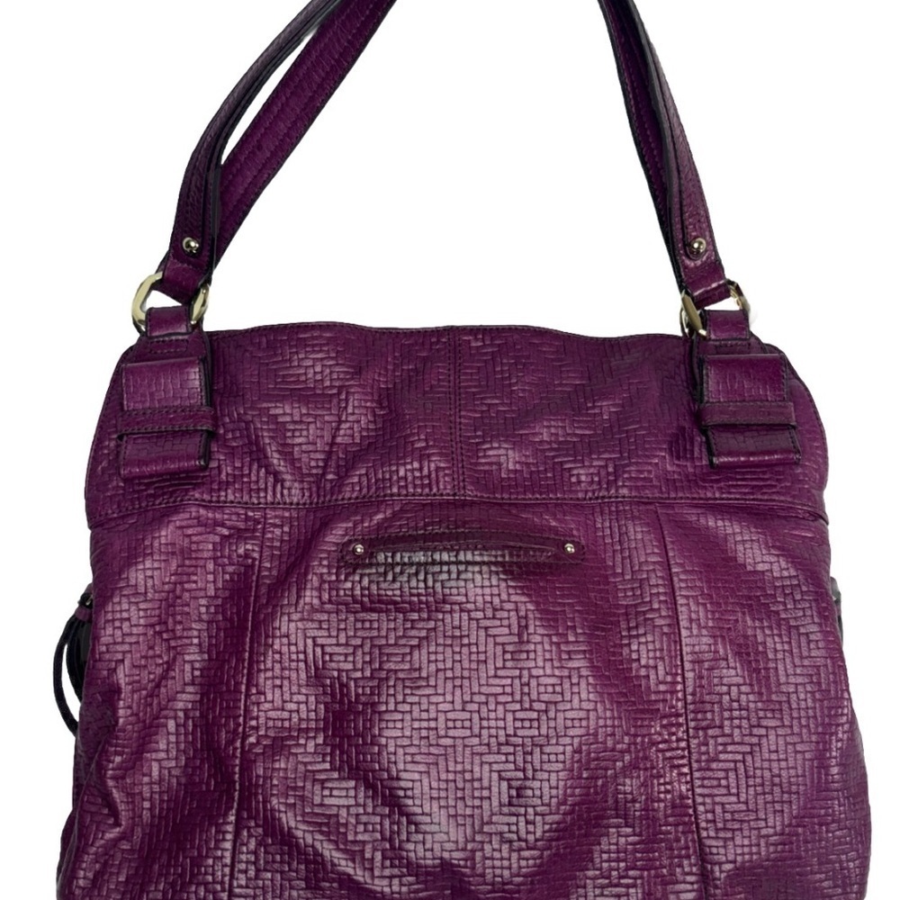 B. Makowsky Plum Embossed Leather Shoulder Bag Large Tote Leopard Lining - Picture 2 of 14
